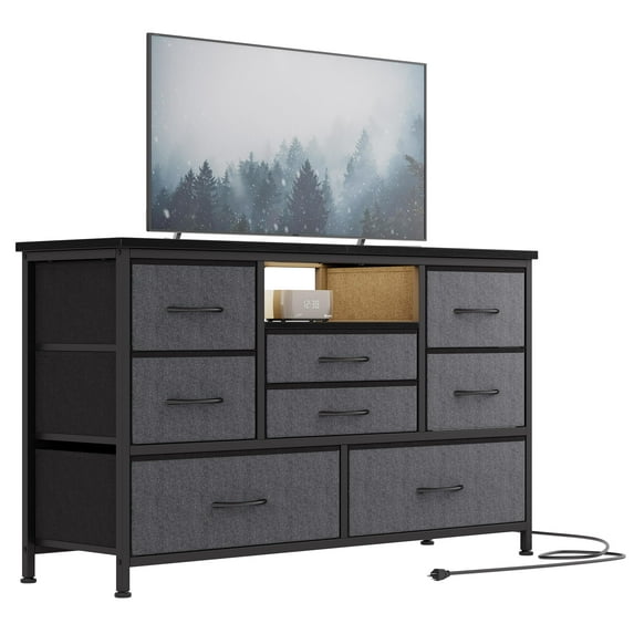 Homhougo Dresser for Bedroom TV Stand with Power Outlet & LED for 55'' TV, TV Stands for Living Room with 8 Deep Drawers, Entertainment Center , Wide Console Table for Storage in Closet, Entryway