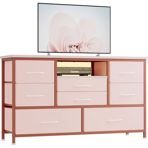 Homhougo Dresser TV Stand with Power Outlet & LED for 55'' TV, Long Dresser for Bedroom with 8 Deep Drawers, Chests of Drawers, Wide Console Table for, Living Room, Entryway