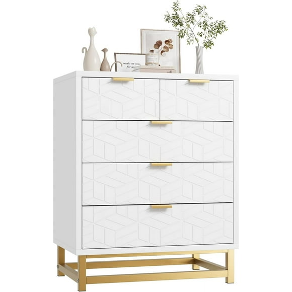 Homhougo Dressers for Bedroom 5 Drawer, Chest of Drawers with Metal Base, Modern Dresser Chest Cabinet Organizer, Large Dresser for Living Room, Hallway, Closet(White)
