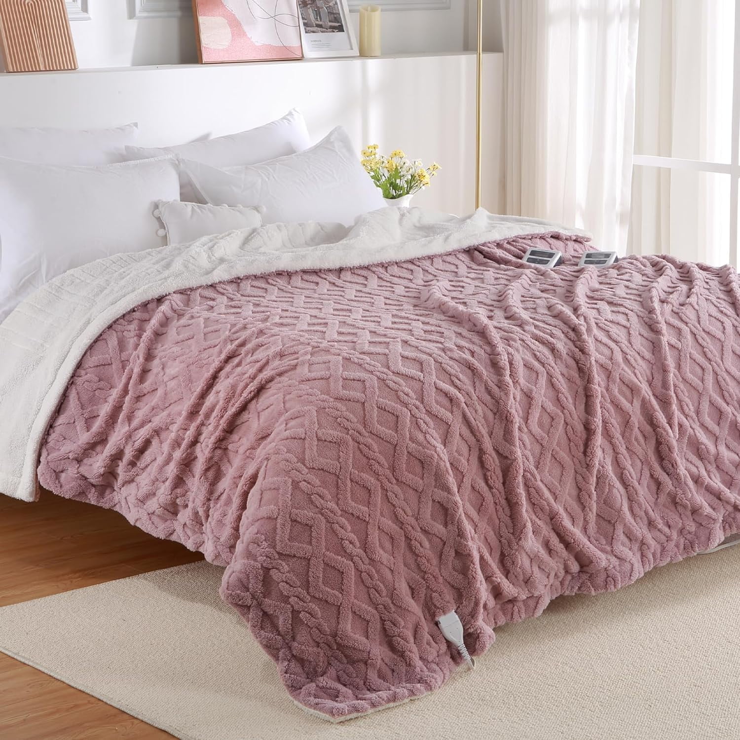 Homhougo Electric Blanket King Size Dual Control Thick Tufted Sherpa