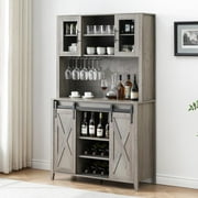 Homhougo Farmhouse Coffee Bar Cabinet with Sliding Barn Door, 70" Tall Buffet Cabinet with Storage Shelves, Liquor Cabinet with Wine and Glasses Rack, for Kitchen, Dining Room, Oak