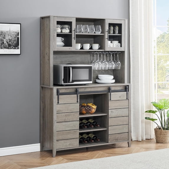 Homhougo Farmhouse Coffee Bar Cabinet with Sliding Barn Doors, 70" Kitchen Hutch Cabinet with Storage, Wine & Glasses Rack, Tall Sideboard Buffet Cabinet for Kitchen, Dining Room, Grey