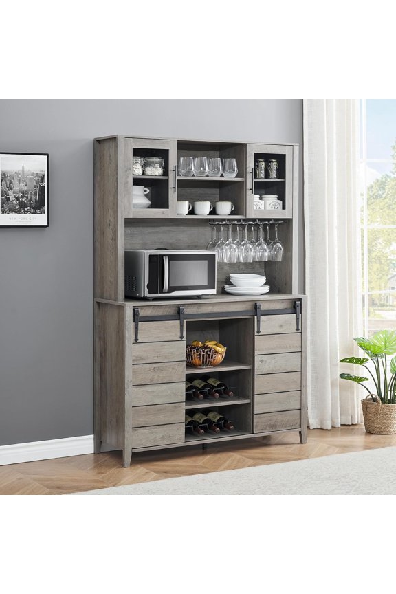Farmhouse Coffee Bar Cabinet with Sliding Barn Doors, 70" Kitchen Hutch Cabinet with Storage, Wine & Glasses Rack, Tall Sideboard Buffet Cabinet for Kitchen, Dining Room, Grey