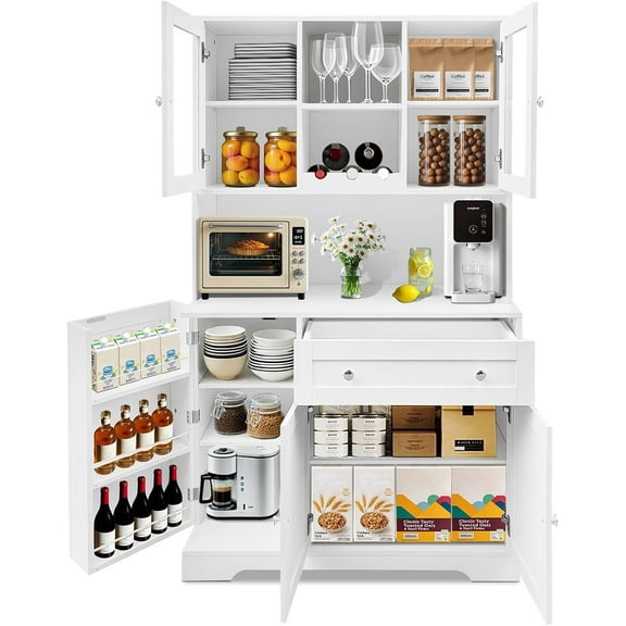 Homhougo Farmhouse Kitchen Pantry Cabinet, Tall Kitchen Pantry Storage Cabinet with 14 Shelves Kitchen Hutch Storage Cabinet Drawer for Living Room, Dining Room White