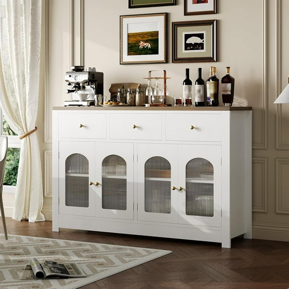 Homhougo Farmhouse Large Buffet Sideboard Cabinet with 4 Doors & 3 Drawers, Kitchen Cabinet Display Cabinet with Adjustable Shelf, Wine Buffet Cabinet with Storage for Dining Room, White