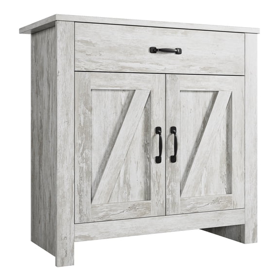 Homhougo Farmhouse Sideboard Buffet Cabinet, Barn Door Style Kitchen Cabinet, 32" Accent Cabinet for Kitchen, Living Room or Entryway, White Wash