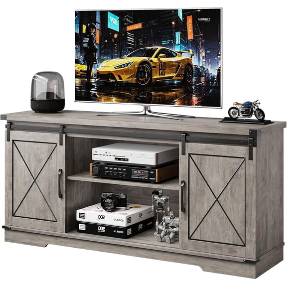 Homhougo Farmhouse TV Stand and Entertainment Center for TV Up to 65 Inches with Sliding Barn Doors and Adjustable Shelf, TV Media Storage Console Table and Furniture for Living Room, Bedroom, Grey