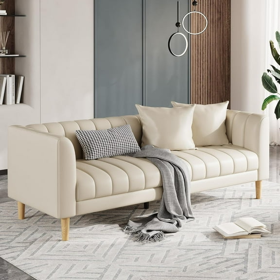Homhougo Faux Leather Sofa Couch, Modern 78" W Sofa with Deep Seats, 3 Seater Sofa Couch with 2 Throw Pillows and Wood Legs, Easy Assembly, for Living Room, Bedroom, Beige