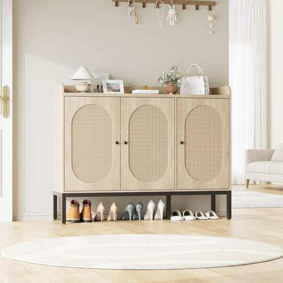 Homhougo Freestanding Shoe Cabinet with 3 Rattan Doors, 7-Tier Shoe Storage Organizer with Adjustable Shelves for Entryway, Hallway, Living Room, Closet, Boho Style