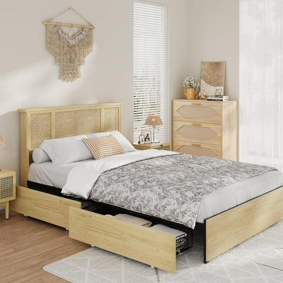Homhougo Full Bed Frame with Natural Rattan Headboard, 4 Storage Drawers, Wooden Slats, Boho-Style Cane Support, Sturdy Metal Base, No Box Spring Required