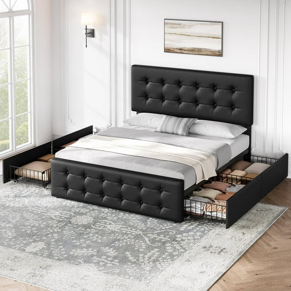 Homhougo Full Size Bed Frame with 4 Storage Drawers and Headboard Adjustable, Black Upholstered Platform Bed Frame Full No Box Spring Needed with Wooden Slats Support, Noise Free