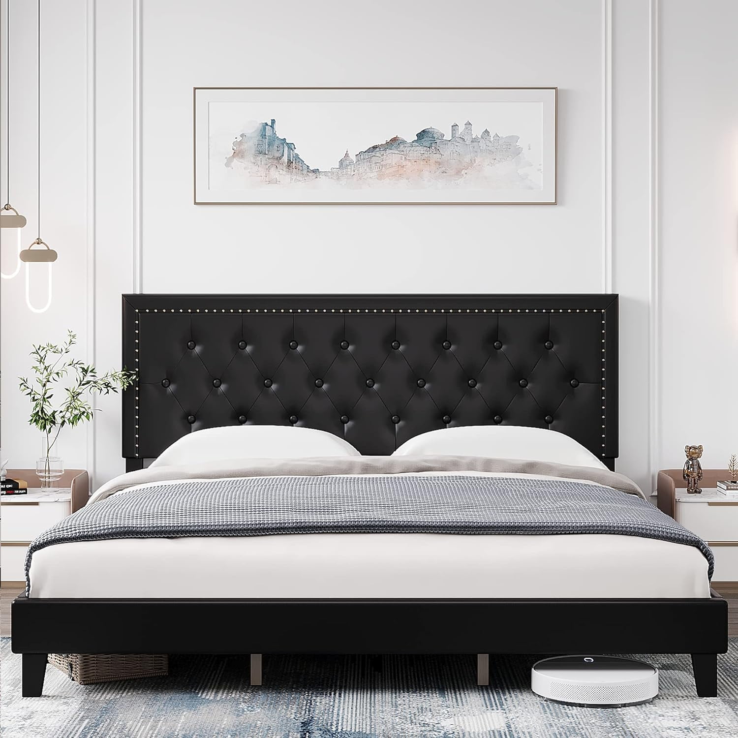 Homhougo Bed Frame, Queen Size, Adjustable Tufted Leather
