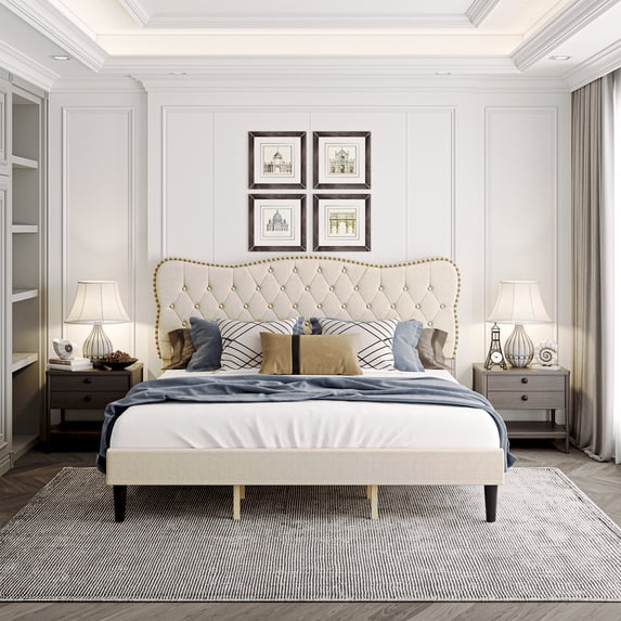 Homhougo Full Size Bed Frame Faux Leather Upholstered Platform Bed with Button Tufted and Adjustable Headboard, Heavy Duty Mattress Foundation, No Box Spring Needed(Beige)