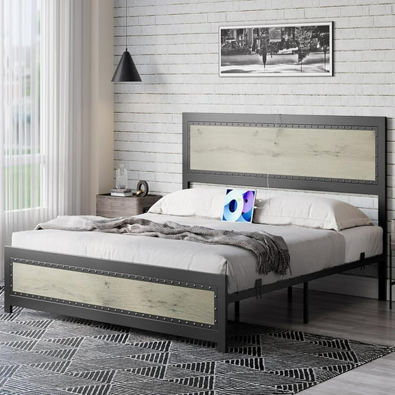 Homhougo—Full Size Bed Frame with Headboard, Industrial Platform Bed Frame with Charge Station, No Box Spring Needed, Easy to Assemble, Wooden Mattress Foundation, Wash