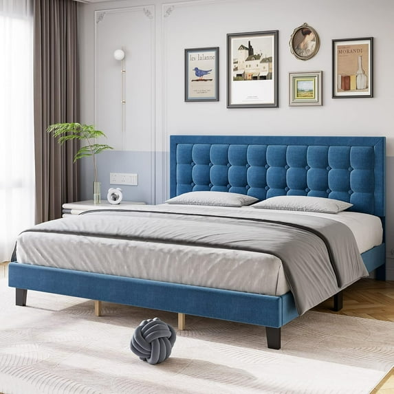 Homhougo Full Size Bed Frame, Modern Upholstered Platform Bed with Button Tufted Headboard, Heavy Duty Metal Foundation with Wood Slats Supports No Box Spring Needed in Blue