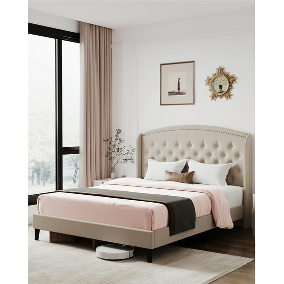 Homhougo Full Size Bed Frame, Upholstered Platform Bed with Wingback Headboard and Button Tufted Design, Wood Slat Support, Easy Assembly, No Box Spring Needed,Beige