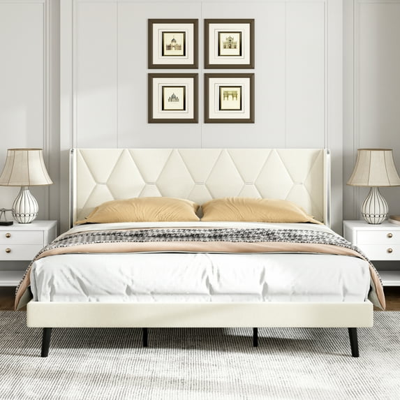Homhougo Full Size Bed Frame, Velvet Platform Full Bed with Wingback Headboard, Upholstered Bed Frame, Solid Wooden Slats Support, No Box Spring Needed, Beige