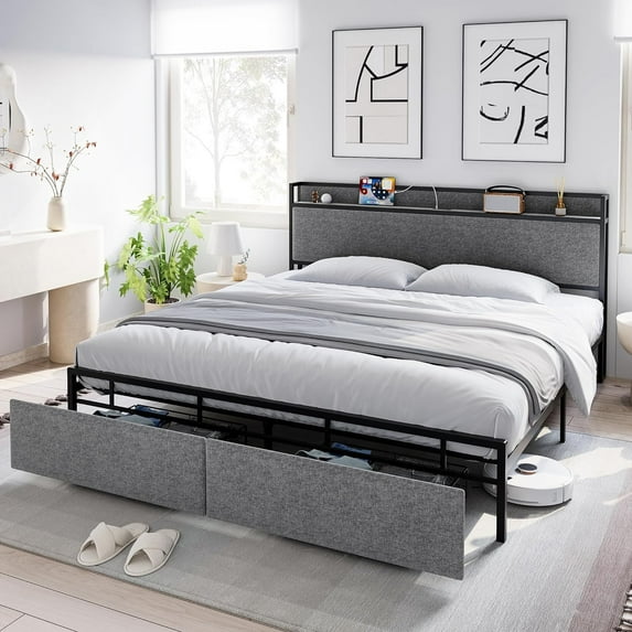 Homhougo Full Size Bed Frame with Headboard Storage Drawers, Charging Ports
