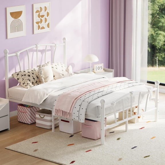 Homhougo Full Size Metal Bed Frame, Full Bed Frames for Girls, Full Heavy-Duty Platform Bed with Heart-Shaped Design Headboard&Footboard, No Box Spring Needed/Noise-Free/Easy Assembly, White