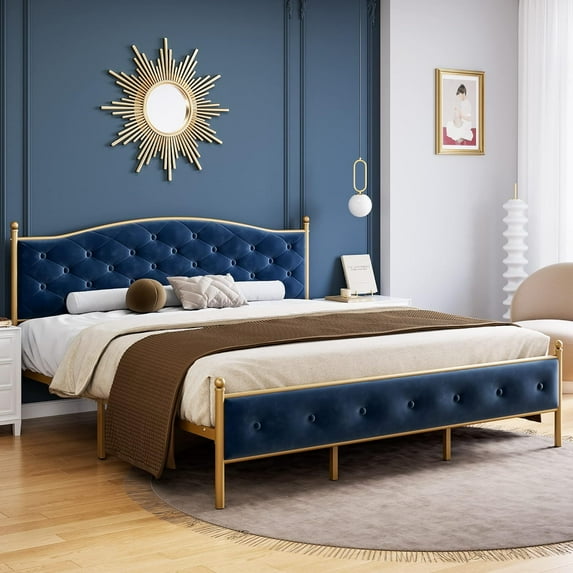 Homhougo Full Size Upholstered Bed Frame, Gold Platform Bed with Velvet Headboard, Heavy Duty Mattress Foundation with Wood Slats, Noise Free Design, No Box Spring Needed in Blue