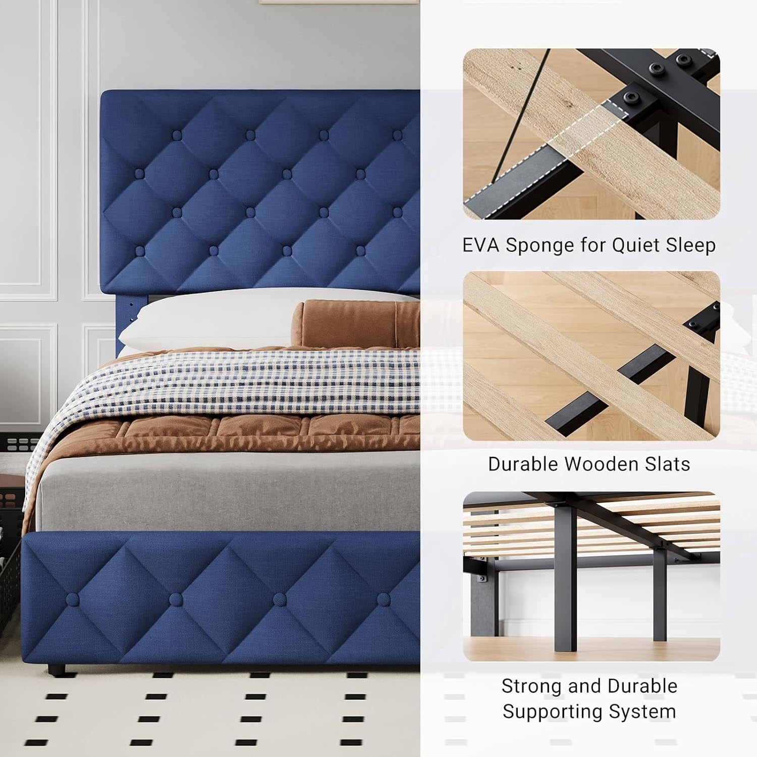 Homhougo Full Size Upholstered Bed Frame with 4 Storage Drawers ...