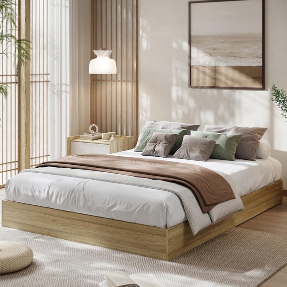 Homhougo Full Size Wood Platform Bed Frame,Wooden Bed Frame Without Headboard, Wood Slat Support,No Box Spring Needed, Easy Assembly