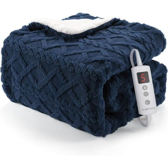 Homhougo Heated Electric Throw Blanket, 62" * 84" Ultra-Soft Sherpa Heating Blanket with 10 Heat Levels & Timer, Machine Washable, ETL Certified, Navy Blue