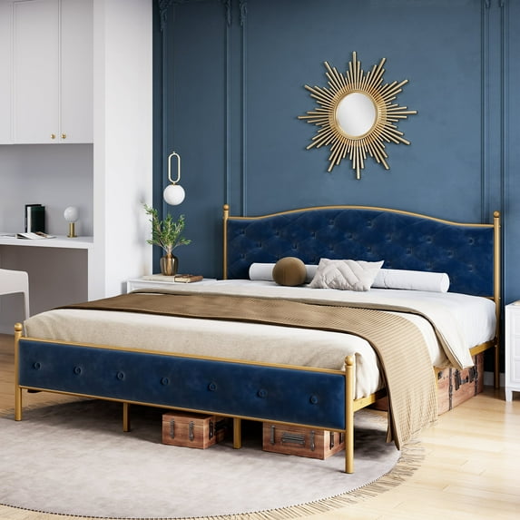 Homhougo—Homhougo Bed Frame Upholstered Platform Bed with Velvet and Button Tufted Headboard, Heavy Duty Metal Mattress Foundation and Wooden Slats, No Box Spring Needed in Gold and Off White