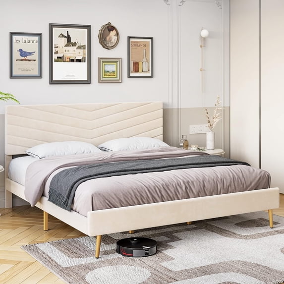Homhougo King Bed Frame with Adjustable Headboard, Velvet Upholstered Platform Bed with Solid Wood Slats Support, No Box Spring Needed, Noise-Free, Beige