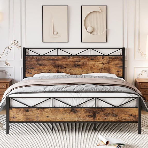 Homhougo King Bed Frame, Metal Platform Bed Frame with Rustic Vintage Wood Headboard and Footboard, Noise Free, Easy Assembly, No Box Spring Needed