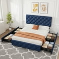 thumbnail image 1 of Homhougo King Size Bed Frame with 4 Storage Drawers and Headboard Adjustable, Blue Upholstered Platform Bed Frame King No Box Spring Needed with Wooden Slats Support, Noise Free, 1 of 12
