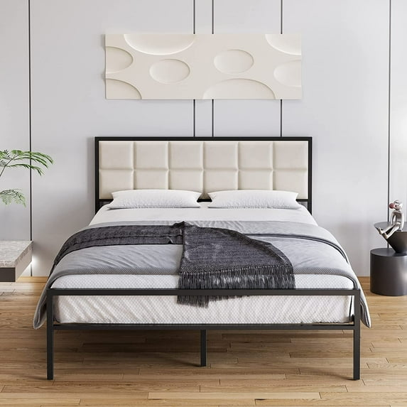 Homhougo King Size Bed Frame, Faux Leather Platform Bed Frame with Upholstered Square Stitched Headboard, Metal Bed Frame with Steel Slats Support, Box Spring Optional, Easy Assembly, Beige