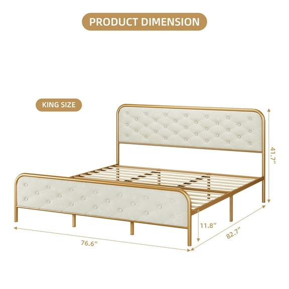 Homhougo King Size Bed Frame, Upholstered Bed Frame with Diamond Tufted Headboard, Heavy Duty Metal Slats, 12" Storage Space, No Box Spring Needed, Easy Assembly
