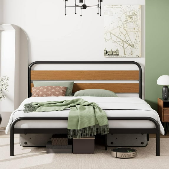 Homhougo King Size Platform Bed Frame with Wood Headboard, Heavy Duty Metal Slat Support, Noise Free Design Mattress Foundation, Easy Installation, Light Brown