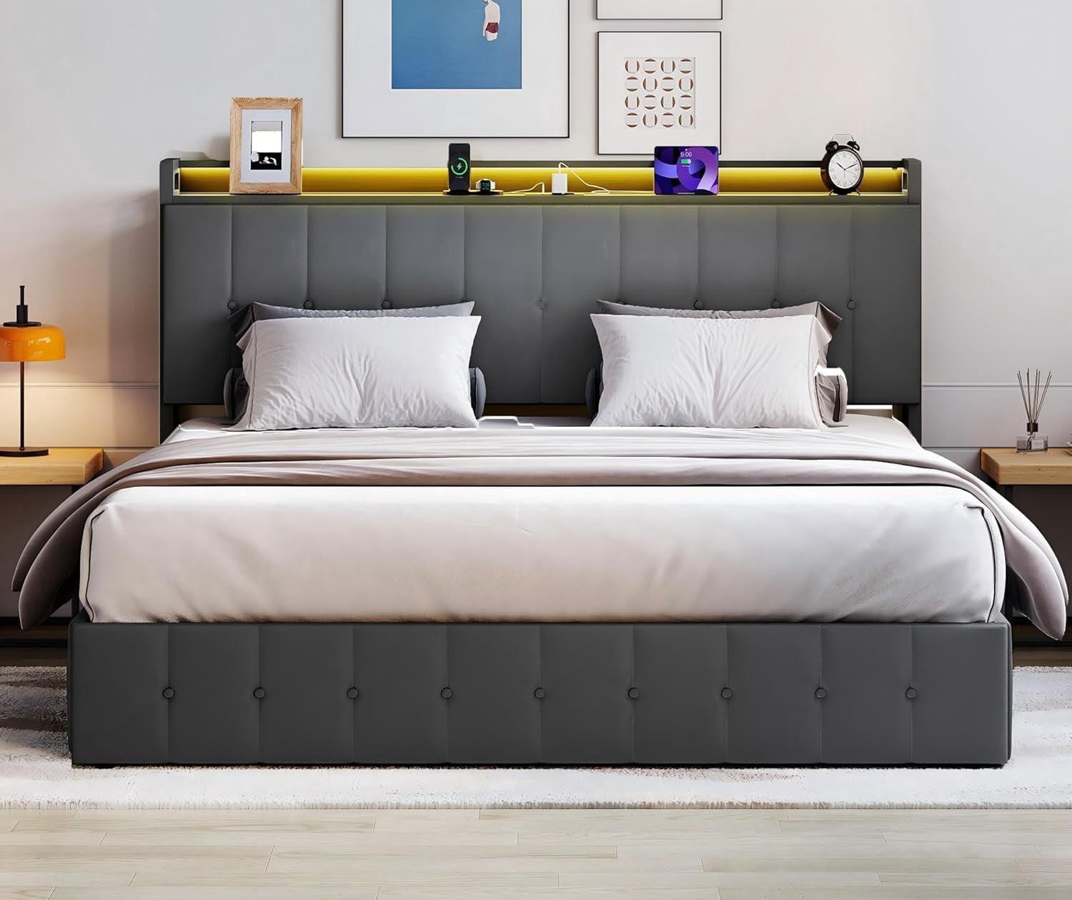 Homhougo King Size Upholstered Velvet Bed Frame with RGB LED Lights ...