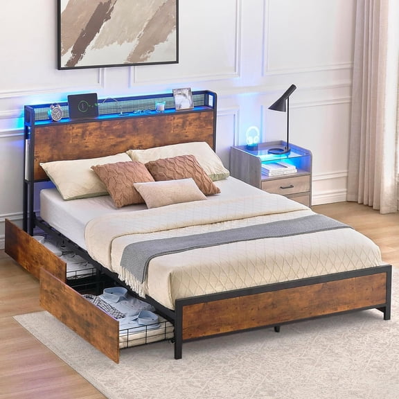 Homhougo—LED Light Full Size Bed Frame with 4 Storage Drawers and Charging Station, Metal Platform Bed with Strong Wood Slats Support, No Box Spring Needed, Brown