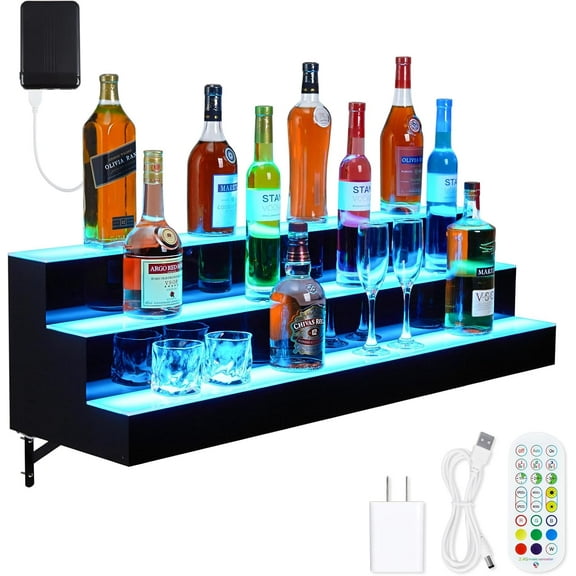 Homhougo LED Lighted Liquor Bottle Display, 3 Tier 40 Inch Bar Liquor Shelf for Home Counter Party, Freestanding Lighted Bottle Display Stand with Remote & App Control, 1-8 H Timing