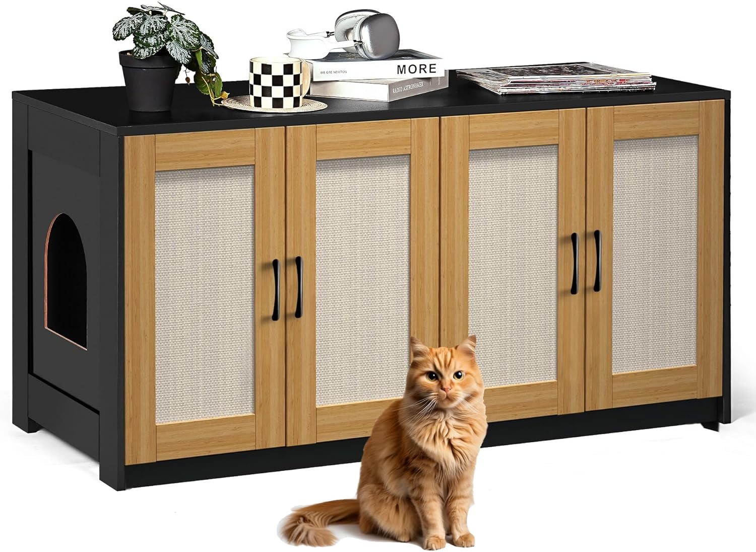 Homhougo Litter Box Enclosure for 2 Cats, 47.2" Large Wood Hidden Litter Box Furniture for 2 Boxes with Sisal Doors and Sliding Drawers, Indoor Cat House TV Stand Black
