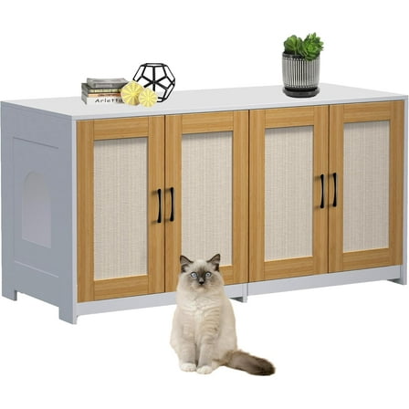 Homhougo Litter Box Enclosure for 2 Cats, 47.2" Large Wood Hidden Litter Box Furniture for 2 Boxes with Sisal Doors and Sliding Drawers, Indoor Cat House TV Stand White