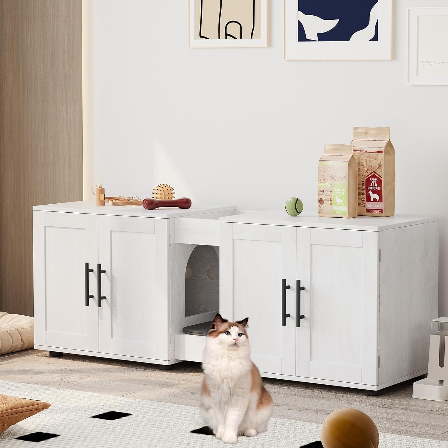Homhougo Litter Box Enclosure for 2 Cats, 55" Hidden Litter Box Furniture with Double Chamber, Wooden Cat Washroom Furniture with Scratching Pad, 3 in 1 Cat House, Antique White