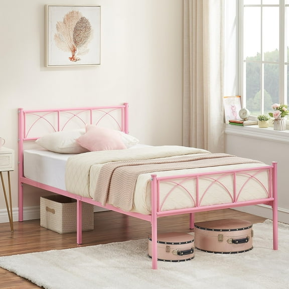 Homhougo Metal Bed Frame Twin Pink, Sturdy Modern Stylish Iron Twin Bed Frame with Headboard and Footboard, No Box Spring Needed, Simple Assembly, Under Bed Storage