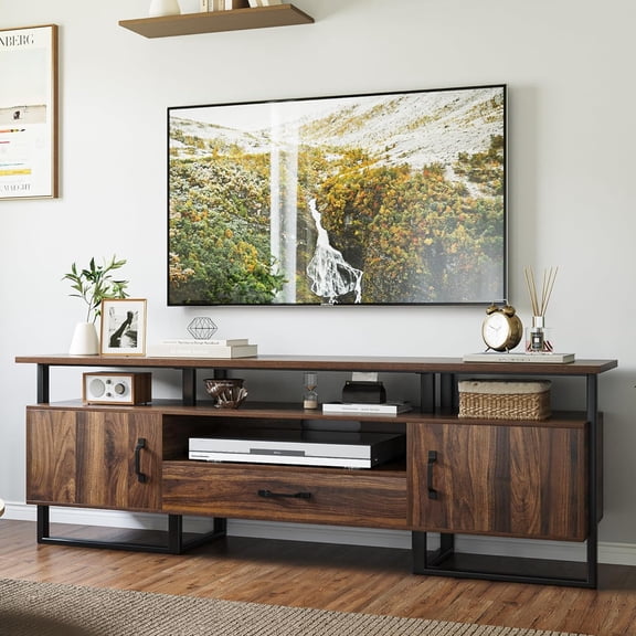 Homhougo Mid Century Modern TV Stand - 75 Inch Entertainment Center with Storage & Drawer, Industrial Console for Living Room, Rustic Brown
