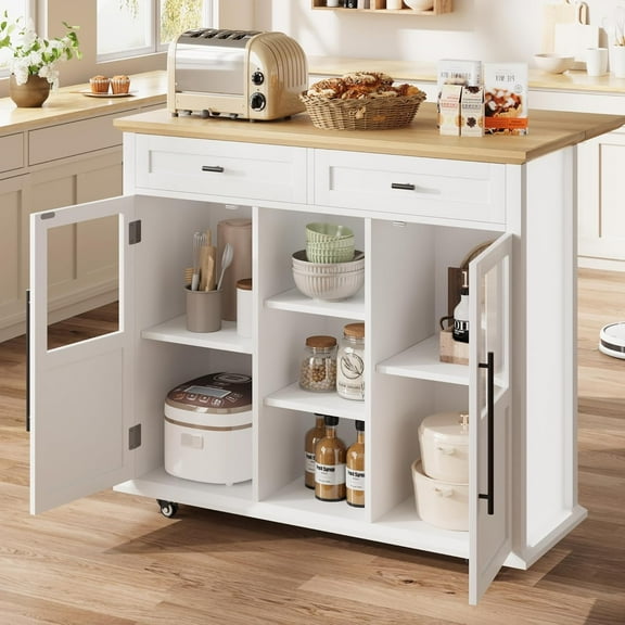 Homhougo Mobile Kitchen Island Car with Wheels, 2 Glass Door Cabinets, 3 Open Shelves & 2 Drawers, Spice Rack & Towel Holder Cart with Trash Storage Cabinet for Small Kitchens, Dining Rooms, Camping