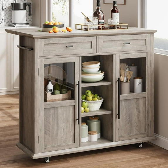 Homhougo Mobile Kitchen Island Car with Wheels, 2 Glass Door Cabinets, 3 Open Shelves & 2 Drawers, Spice Rack & Towel Holder Cart with Trash Storage Cabinet for Small Kitchens, Dining Rooms, Camping