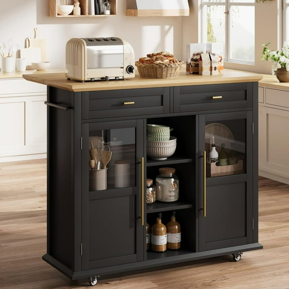 Homhougo Mobile Kitchen Island Car with Wheels, 2 Glass Door Cabinets, 3 Open Shelves & 2 Drawers, Spice Rack & Towel Holder Cart with Trash Storage Cabinet for Small Kitchens, Dining Rooms, Camping
