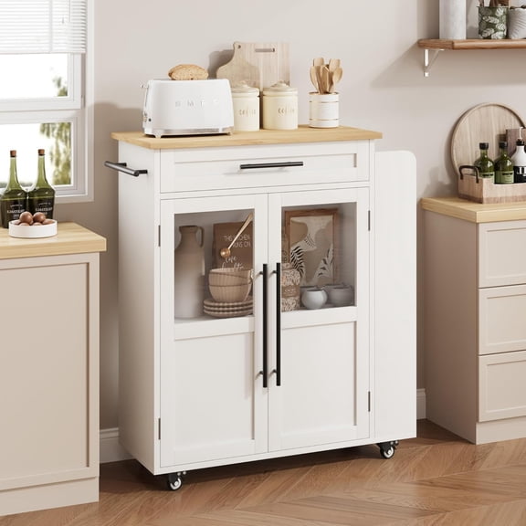 Homhougo Mobile Kitchen Island Cart with 360° Rolling Wheels, Drawers, Spice Rack, Black Handle, Versatile Storage & Serving Cart for Kitchen, Dining Room