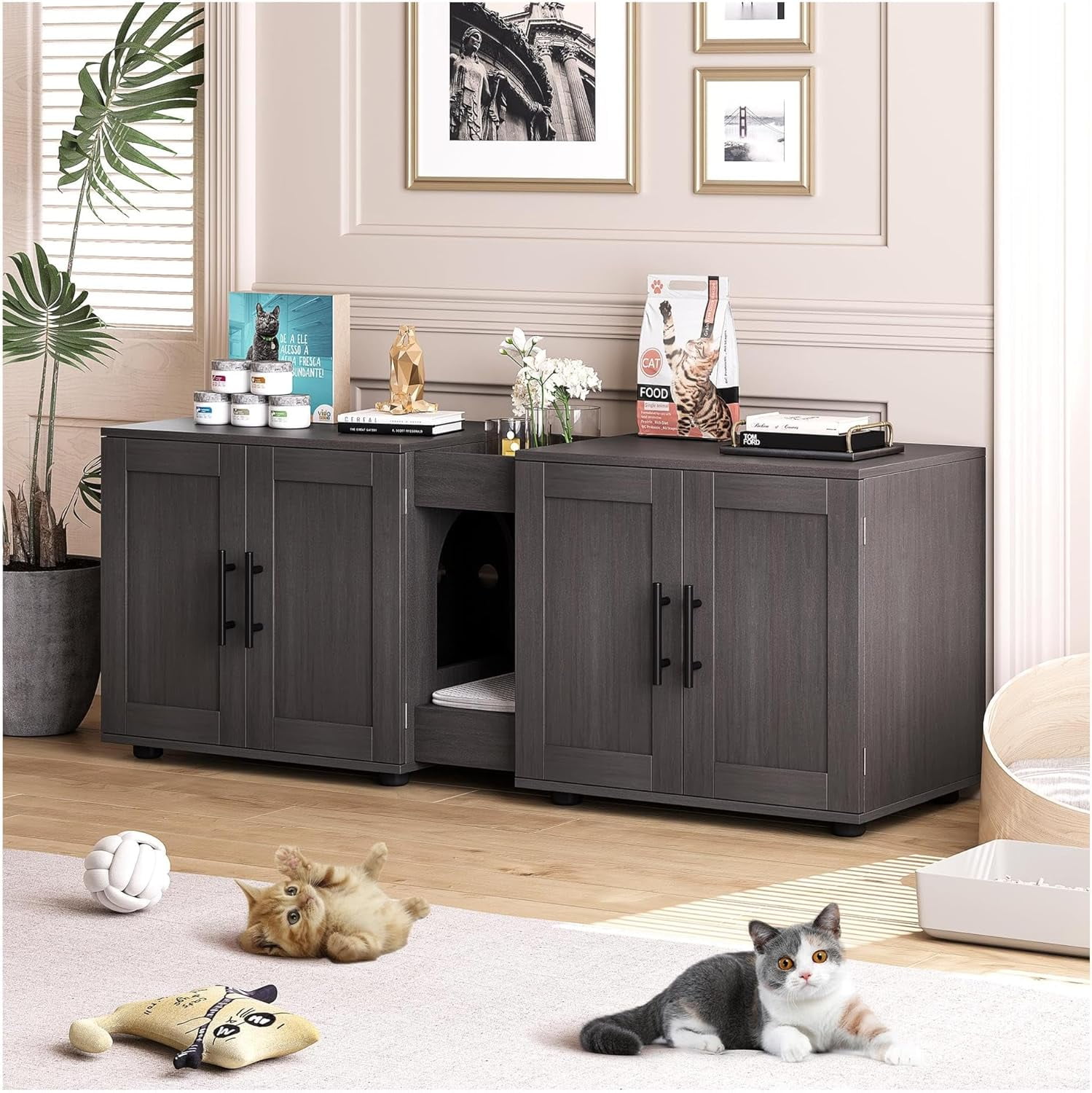Homhougo Modern Double-Room Cat Litter Box Enclosure Furniture with Integrated Functionality, Easy Access and Cleaning, Effective Odor Control, Includes Cat Mat, 55”L x 17.7”W x 22.5”H, Walnut