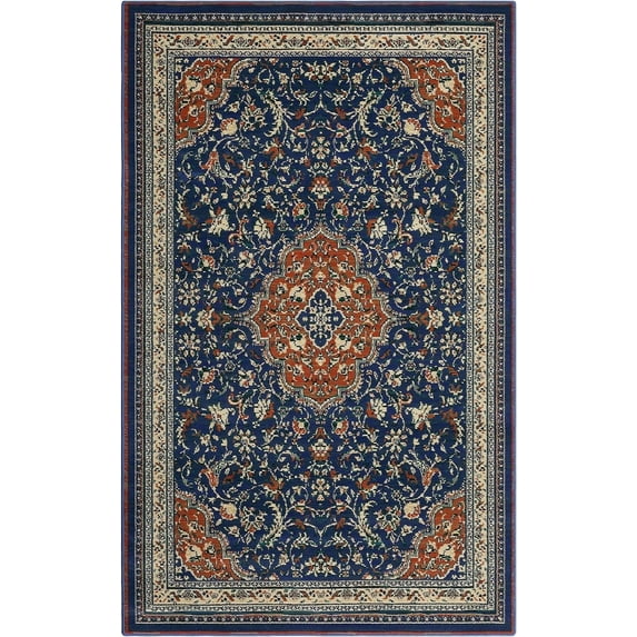 Homhougo—Monaco Collection Runner Rug - 8' x 10, Navy Blue & Orange, Boho Chic Medallion Distressed Design, Non-Shedding & Easy Care, Ideal for High Traffic Areas in Living Room, Bedroom