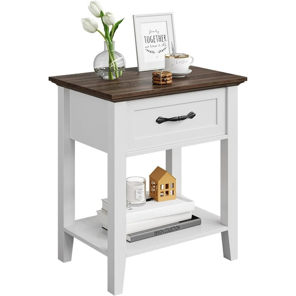 Homhougo Nightstand, End Table with Drawer, Side Table for Spaces, 2 Tiers Storage Shelves with Dresser, Bedside Table for Living Room, Bedroom, Dorm (White)