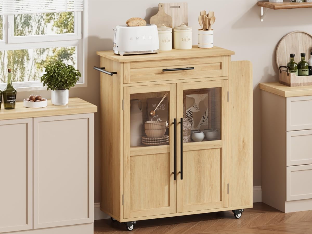 Homhougo Oak Mobile Kitchen Island Cart with 360° Rolling Wheels ...